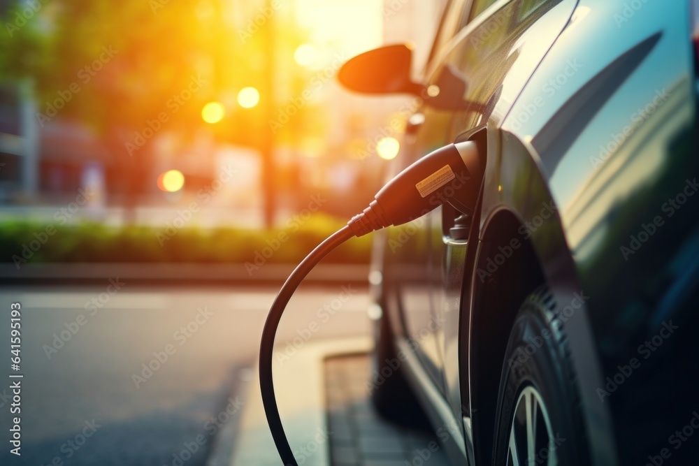 Electric car ev charging on city street electric power supply station with power cable Electric car ev charging on city street electric power supply station with power cable