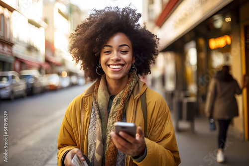 Portrait of beautiful young woman walking in the city holding phone, happy Young woman using smartphone walking through city street