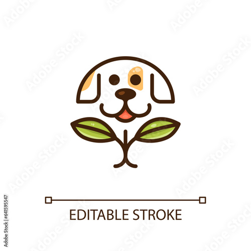 Sustainable pet care RGB color icon. Healthy dog nutrition. Meal planning. Cruelty free. Cute puppy. Eco product. Isolated vector illustration. Simple filled line drawing. Editable stroke