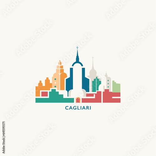 Italy Cagliari cityscape skyline city panorama vector flat modern logo icon. Sardinia town emblem idea with landmarks and building silhouettes. Isolated graphic