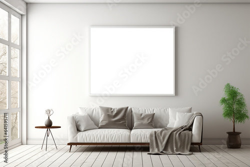 White minimalist living room interior with sofa on a wooden floor, decor on a large wall, © Teerasak