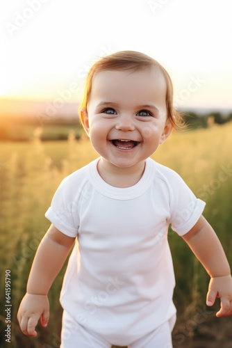 Caucasian white baby boy in pure white onesies, mockup of a toddler apparel in the field, lifestyle emotions. Place for text, kids clothes.