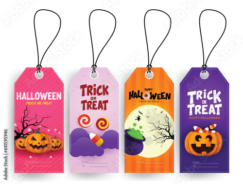 Halloween tags vector set design. Trick or treat halloween gift tags collection for holiday party dedication sticker collection. Vector illustration gift tags collection. 
