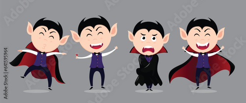 Halloween vampire man characters vector set design. Halloween dracula character collection in cute spooky and scary wearing cape costume elements. Vector illustration party mascot collection.
