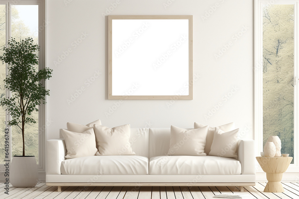 White minimalist living room interior with sofa on a wooden floor, decor on a large wall, White minimalist living room interior with sofa on a wooden floor, decor on a large wall,