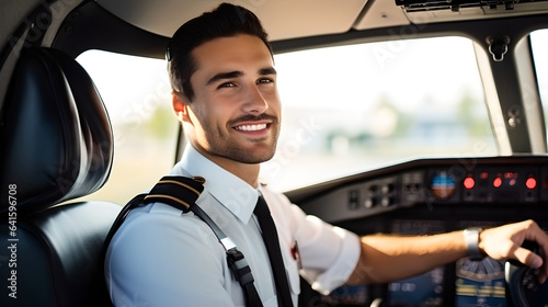 Portrait of handsome cheerful young man pilot with sitting in cockpit getting ready for flying, handsome airplane pilot smiling in cabin photo