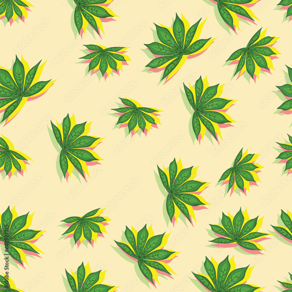 Beautiful seamless cassava leaf pattern design for decoration, wallpaper, wrapping paper, fabric, background and more.