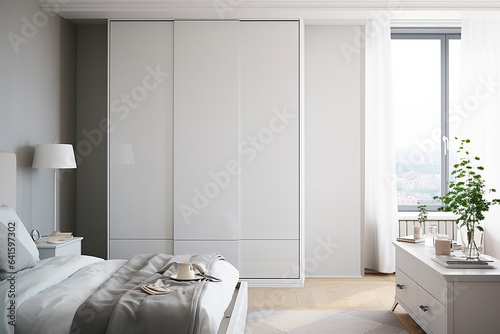 White wooden wardrobe in scandinavian style interior design of modern bedroom