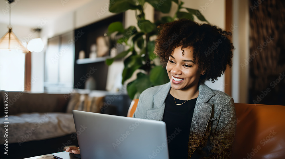 Young beautiful happy woman working remote at home using laptop sitting at table, Smiling female freelancer work from home at cozy atmosphere concept Young beautiful happy woman working remote at home using laptop sitting at table, Smiling female freelancer work from home at cozy atmosphere concept