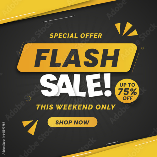 Flash Sale banner with black background and special offer up to 75%. This Weekend Only. Shop Now. Flash Sales banner template design for social media and website. 75% off.