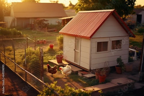 Small suburb houses in small cities with backyard with garden and chickens. Simple living, downsizing concept. #641598195