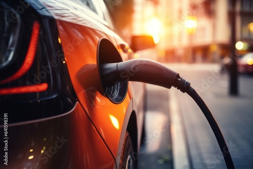 EV car charging from city street. Close up details of future technology of electric cars charging © aboutmomentsimages