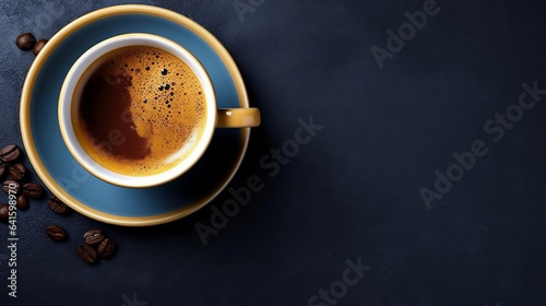 A cup of hot coffee and some roasted coffee beans on dark background with copy space, top view.