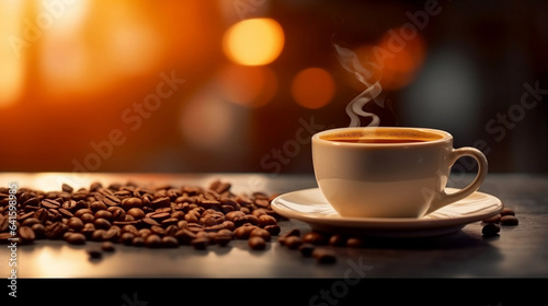A cup of hot coffee and freshly roasted coffee beans on the table in the morning  with beautiful bokeh and copy space blurred background.