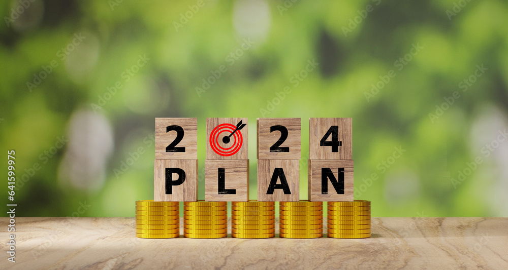 2024 Action Plan. Cubes with text 2024 plan on coins stack. Business