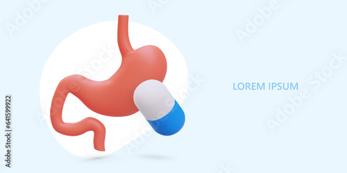 Stomach treatment. Gastritis, ulcer, inflammation, flora disturbance. Prescription from gastroenterologist. Poster with 3D stomach, capsule. Place for ad text. Doctor consultation, clinic services