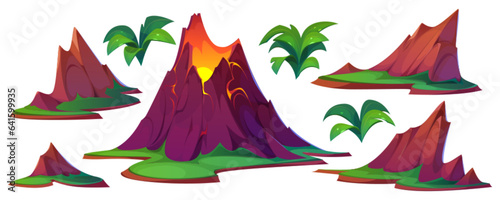 Volcano mountain eruption cartoon illustration. Lava erupt clipart drawing on island. volcanic rock exploding with magma isolated icon set. Boulder png element collection for adventure landscape