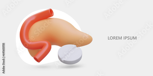 Medicines for pancreas. Antispasmodics. Treatment of pancreatitis. Commercial poster with anatomically correct realistic illustration. Place for contacts of doctors, clinics. Ad of medical drugs