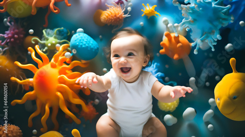 a joyful infant surrounded by a diverse array of colorful bacteria. The vibrant microbes symbolize the complex gut microbiome that has been scientifically linked to eczema