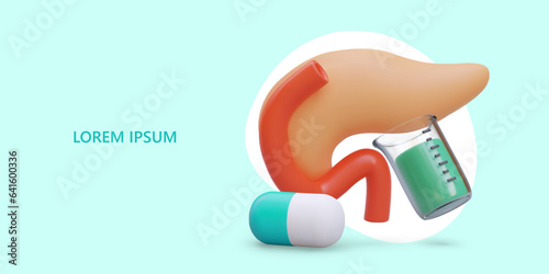 Pancreatic disease. Analyzes, diagnostics, treatment. Advertising template of clinic, doctor office. Treatment course, medical preparations. Layout in cartoon style