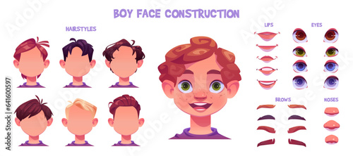 Kid boy face construction kit. Cartoon facial parts for creation child avatar with different noses, eyes and brows, hairstyles. Vector illustration of caucasian skin head elements for face generator.