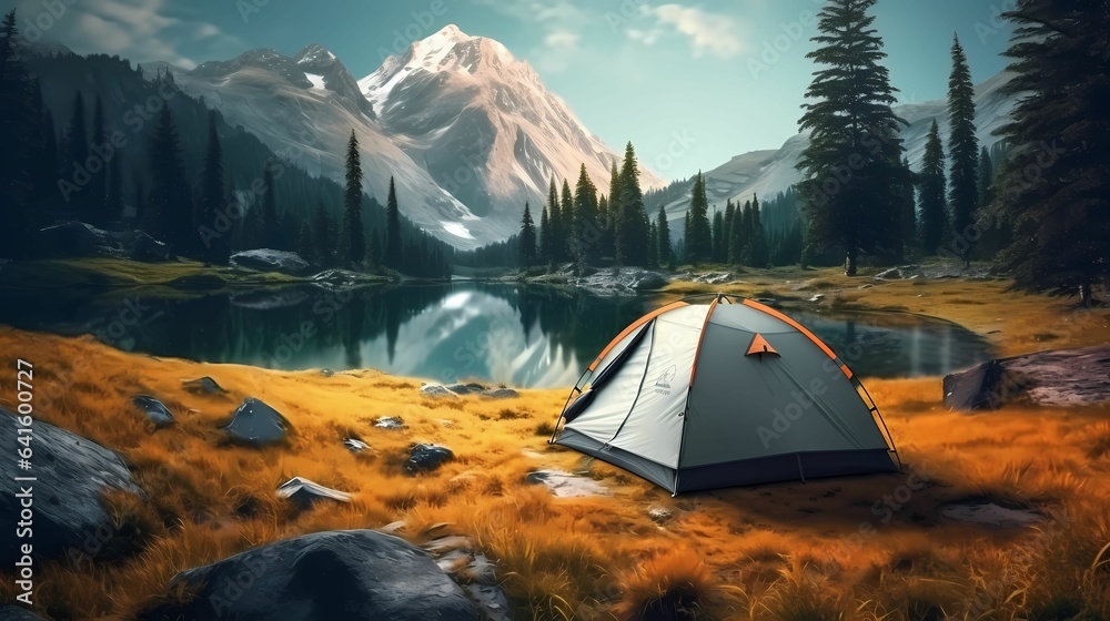 A Camping tent in outdoor sceen with forest, lake and mountain 