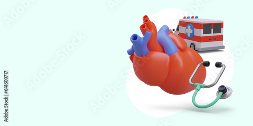 Emergency medical care for stroke, heart attack. Caring for heart. Departure of paramedic team to patient. Color banner in cartoon style. Medical service, ambulance