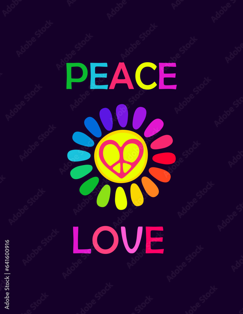 Fototapeta premium Poster with colorful daisy in rainbow color petals, hippie sign in heart shape and love hippie lettering on black background for shirt fashion design, bag or hoodie print, hippy party