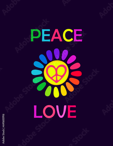 Poster with colorful daisy in rainbow color petals, hippie sign in heart shape and love hippie lettering on black background for shirt fashion design, bag or hoodie print, hippy party
