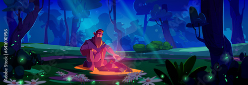 Man burning campfire sitting on log in forest meadow surrounded by trees, bushes and flowers. Cartoon vector illustration of tourism and outdoor recreation or survival. Woodland scene with fireplace.
