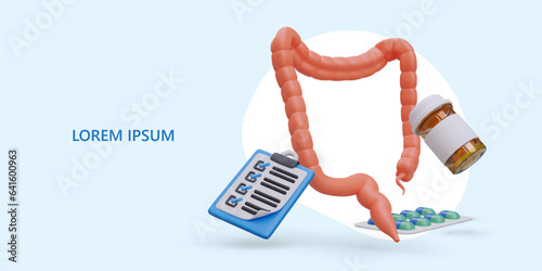 Colon treatment. Bloating medicine. Large intestine care. List of procedures. Patient questionnaire. Prevention of cancer diseases. Vector template with realistic illustration