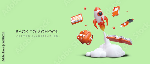 Back to school concept. Space rocket goes on journey among stationery. Beginning of new course, study. Horizontal banner on green background. Stationery store template. School, college advertisement