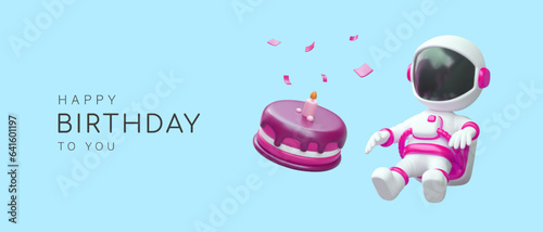 Happy birthday to you. Realistic astronaut, pink cake with candle in weightlessness. Greeting card template with text. Time to celebrate. Cute party concept