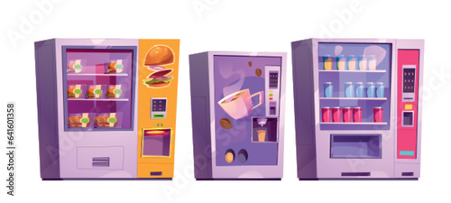 Set of vending machines isolated on white background. Vector cartoon illustration of automated slot dispensers for selling snacks, hot drinks and cold beverages, burgers and soda cans on shelves