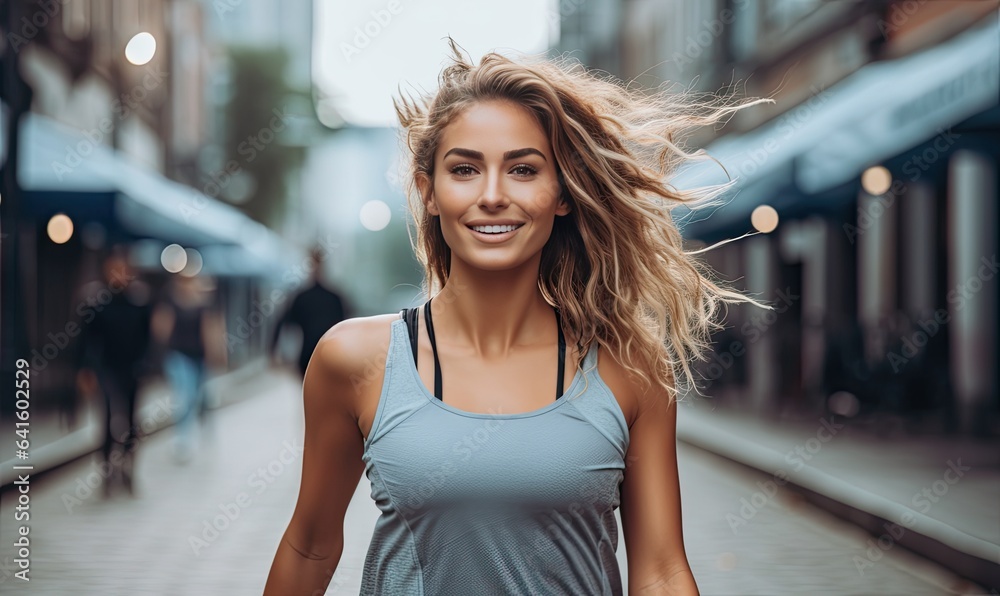 Photo of a woman walking down a street with wind-blown hair