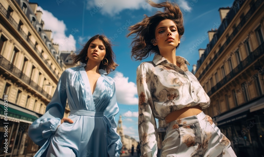 Photo of two women walking together in a bustling city street