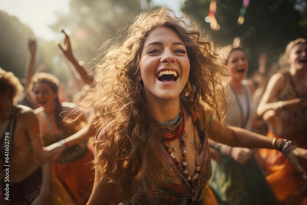 Obraz premium Group Of Friends Dancing Joyfully At A Festival, Generative A