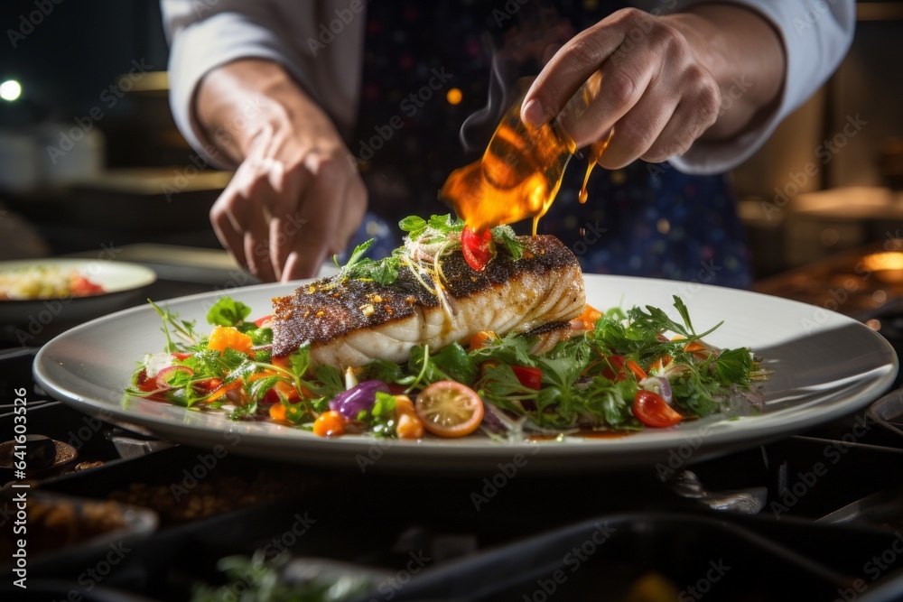 Chef Expertly Preparing A Plate Of Grilled Salmon, Generative AI