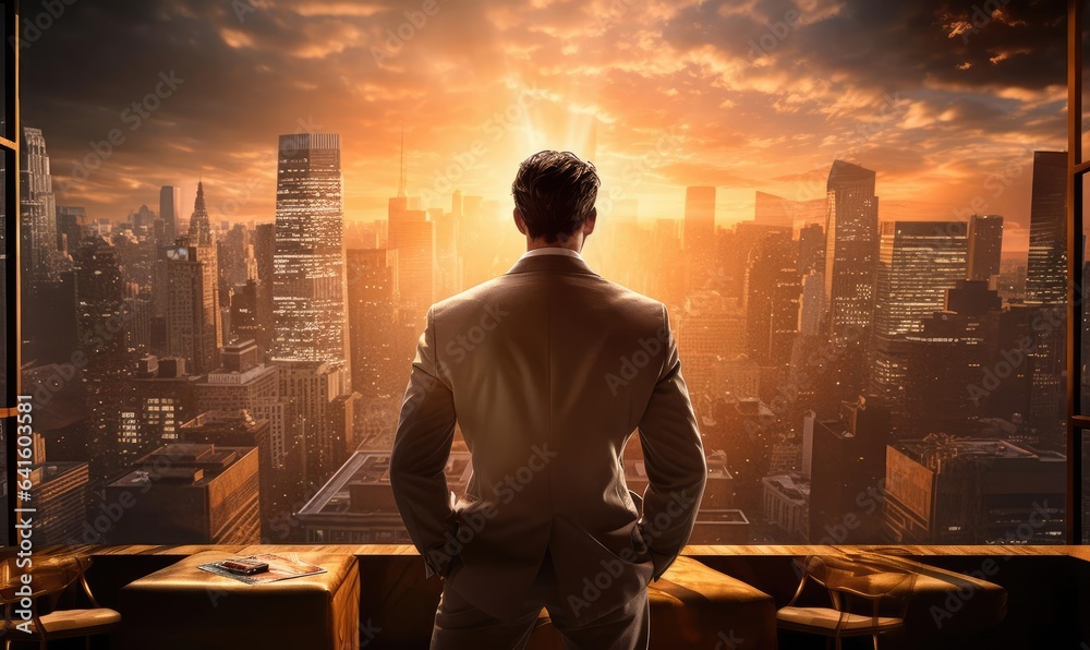 A man in a suit stands on the roof of a tall building and looks into the distance