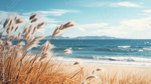 Dried grass and blue sky near beach background wallpaper 16-9