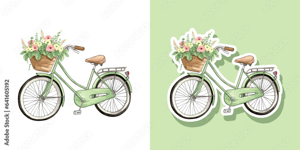 Vector watercolor Bicycle with a basket full of flowers. Trendy romantic vintage sticker isolated on white background	