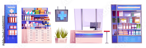 Pharmacy equipment - cartoon drugstore shelves and racks with boxes, glasses and tubes of medicines, vitamins and health and treatment products, counter with computer and sign with luminous cross.