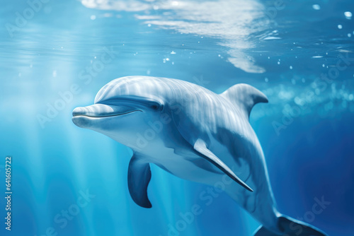 Dolphin in blue transparent water close-up