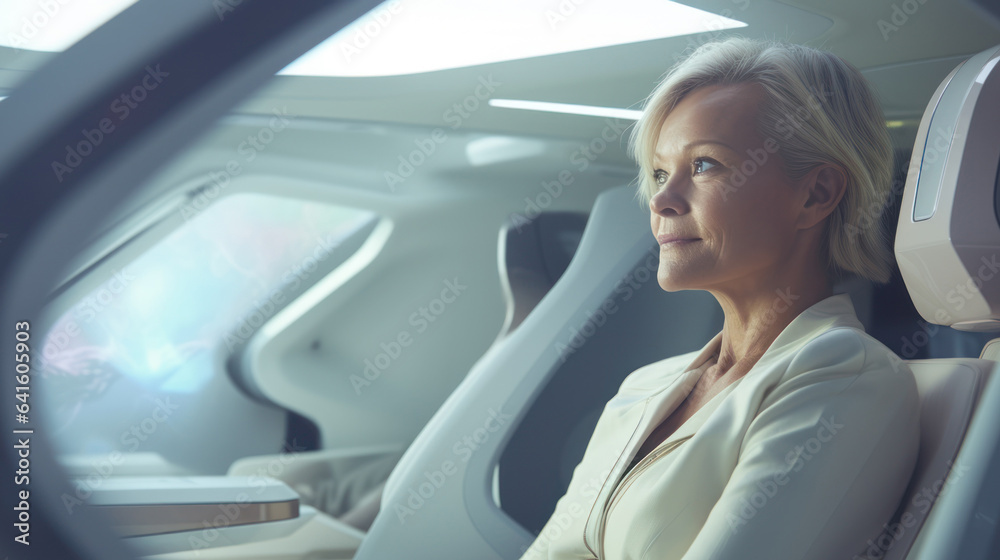 People ride in a self-driving car controlled by an artificial intelligence autopilot. Future technologies, internet of things and smart devices concept. People ride in a self-driving car controlled by an artificial intelligence autopilot. Future technologies, internet of things and smart devices concept.