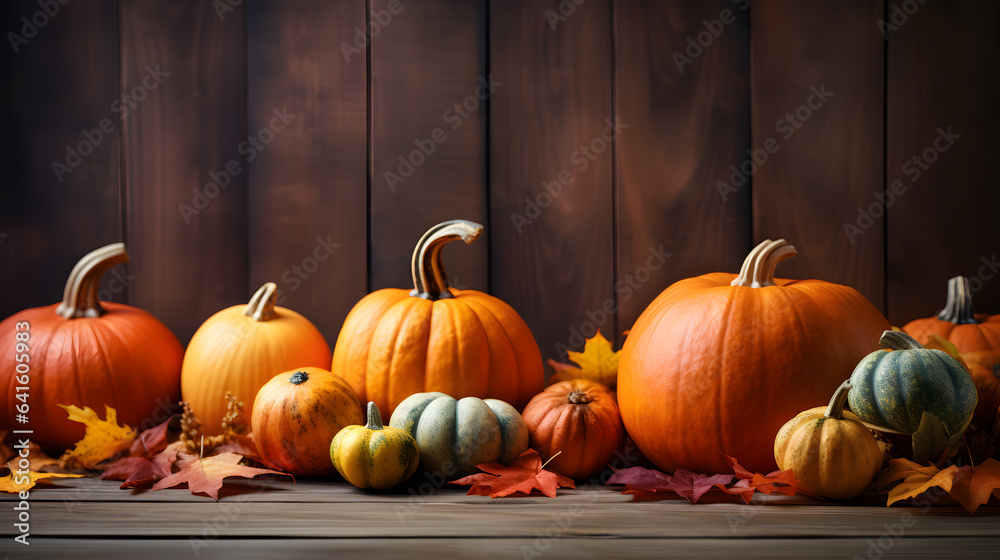Autumn background with pumpkins and leaves on dark wooden background. halloween and thanksgiving concept Autumn background with pumpkins and leaves on dark wooden background. halloween and thanksgiving concept
