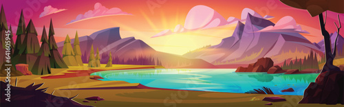 Sunrise or sunset landscape with rocky mountains, forest with trees, firs and blue water lake. Cartoon vector of orange and red sky with clouds. Summer or spring scene with hills on horizon and river.