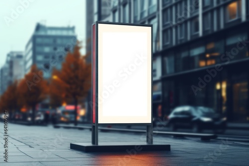 Blank Billboard on City Street at Night Outdoor advertising Generative AI. photo