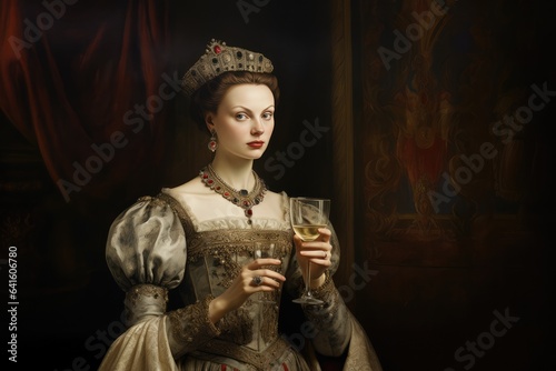 Royal woman with a glass of wine. Funny historical portrait, middle ages royal aesthetics. Queen or princess drinking alcohol.