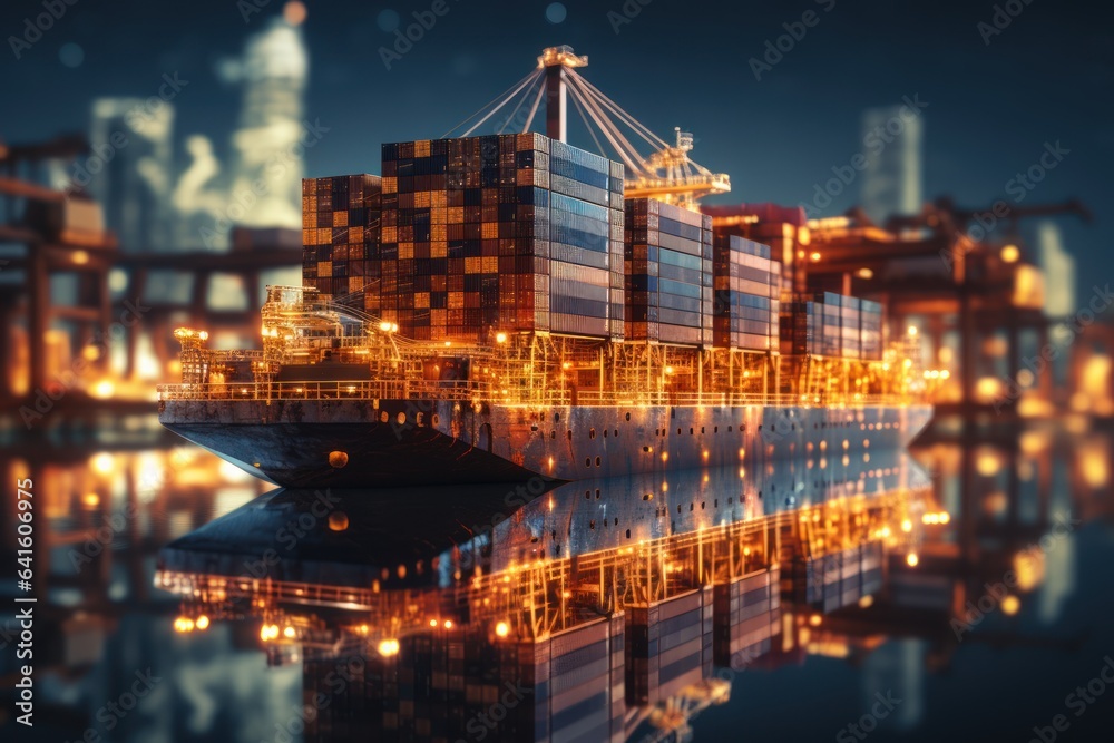 Fototapeta premium Big transport ship with containers with goods on the open sea. Generative AI