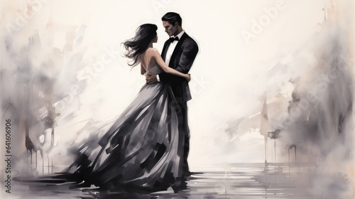 woman in a dresswoman dancing in the night. beautiful graphic of man and woman in elegant dancing couple. ink painting in black, white and orange. cartoon vector illustration